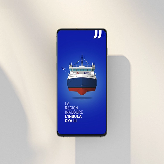 Illustration du cargo Insula Oya III adaptée au format smartphone, pour la campagne de communication de la Région des Pays de la Loire.