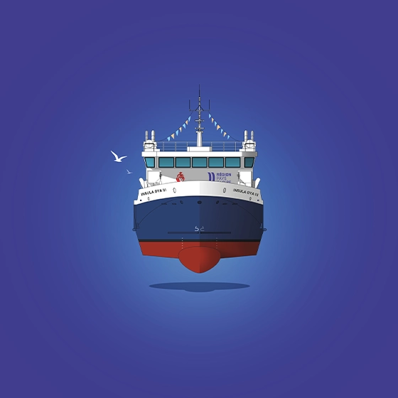 Illustration graphique du cargo-mixte Insula Oya III, avant son inauguration en mer.