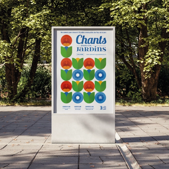 Affiche colorée de l'événement Chants dans les jardins, avec des bouches chantantes et des fleurs.