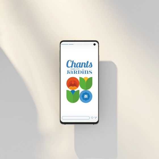 Premier visuel de l'événement Chants dans les jardins adapté au format smartphone, mettant en valeur des éléments naturels et musicaux.