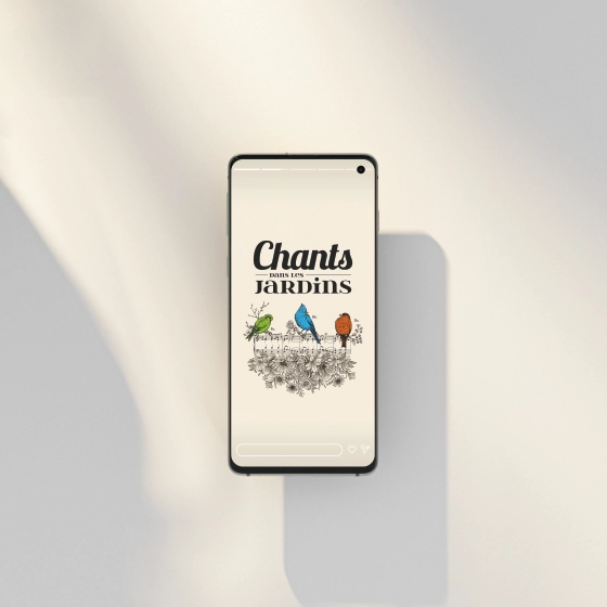 Second visuel de l'événement Chants dans les jardins adapté au format smartphone, mettant en valeur des éléments naturels et musicaux.