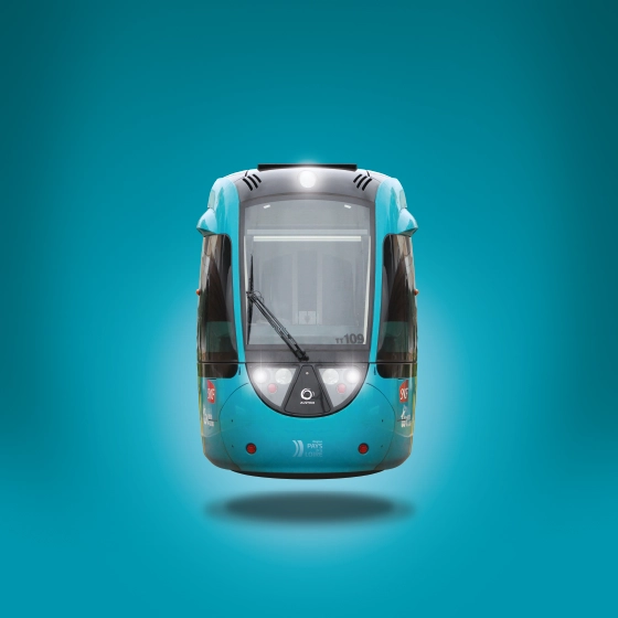 Photomontage illustratif créé pour l'inauguration du Tram train Nantes Châteaubriant, sans texte.