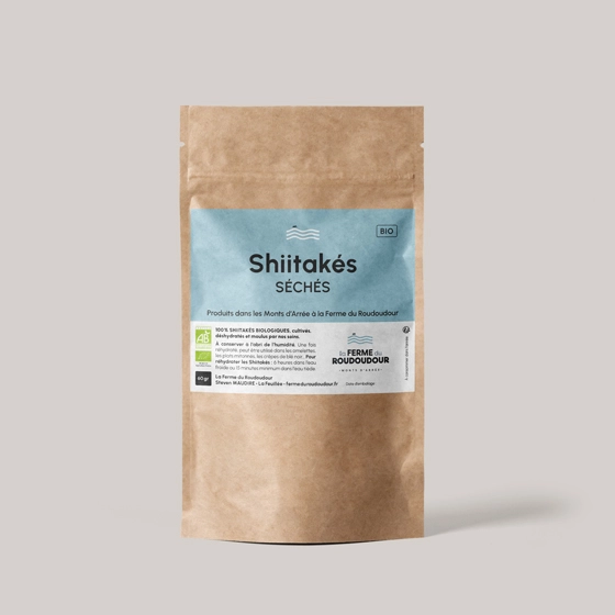 Exemple de sachet de shiitakés séchés intégrant l'identité visuelle de la Ferme du Roudoudour